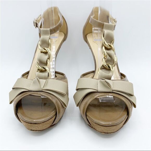 Kate Spade Taupe Suede Peep-to Platform Stiletto Sandals Chain w/Ribbon Sz 7.5 - Picture 4 of 16